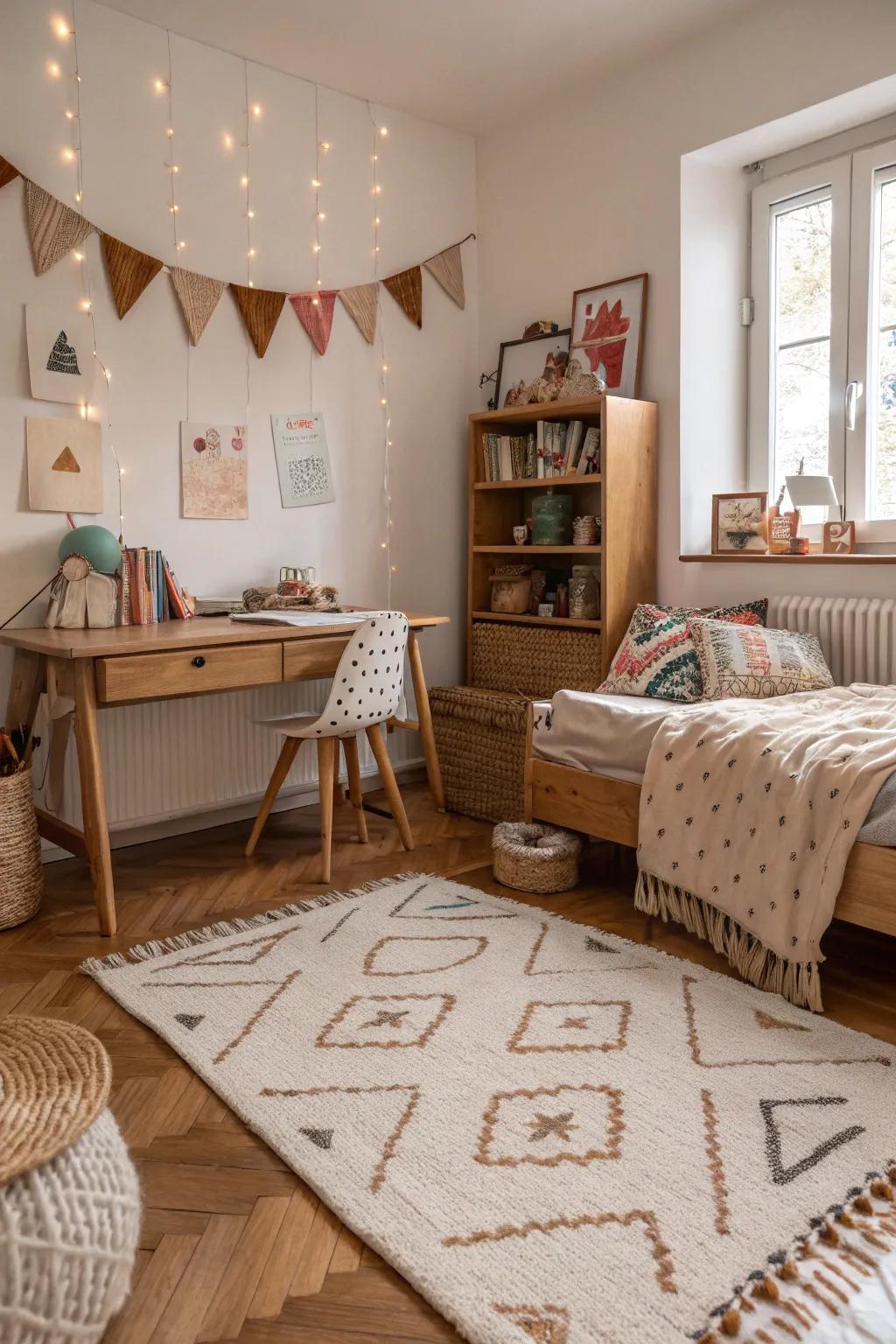 Layered materials enrich the room's sensory appeal.