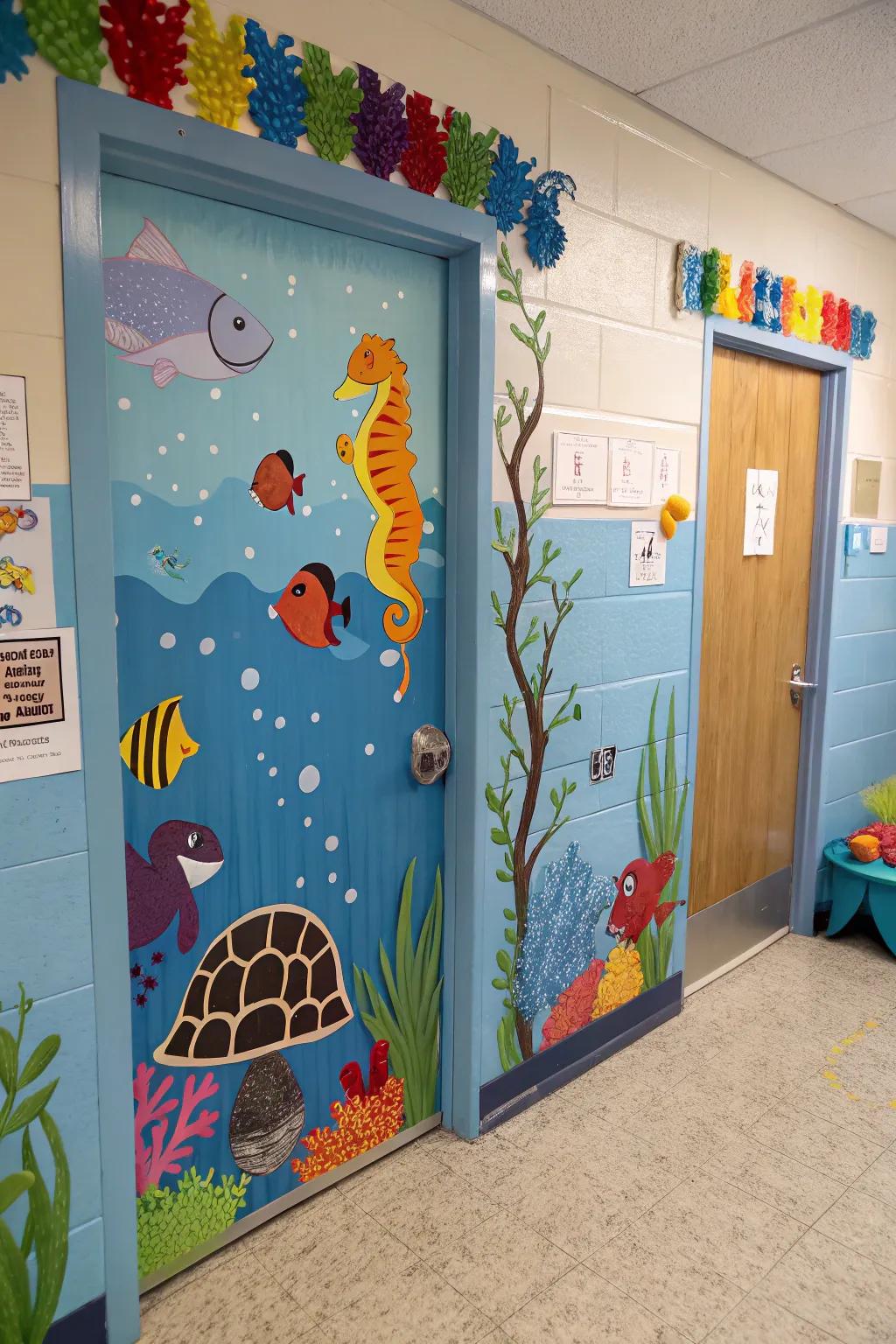 A kindergarten portal adorned with a subaqueous vista featuring piscine and marine entities.