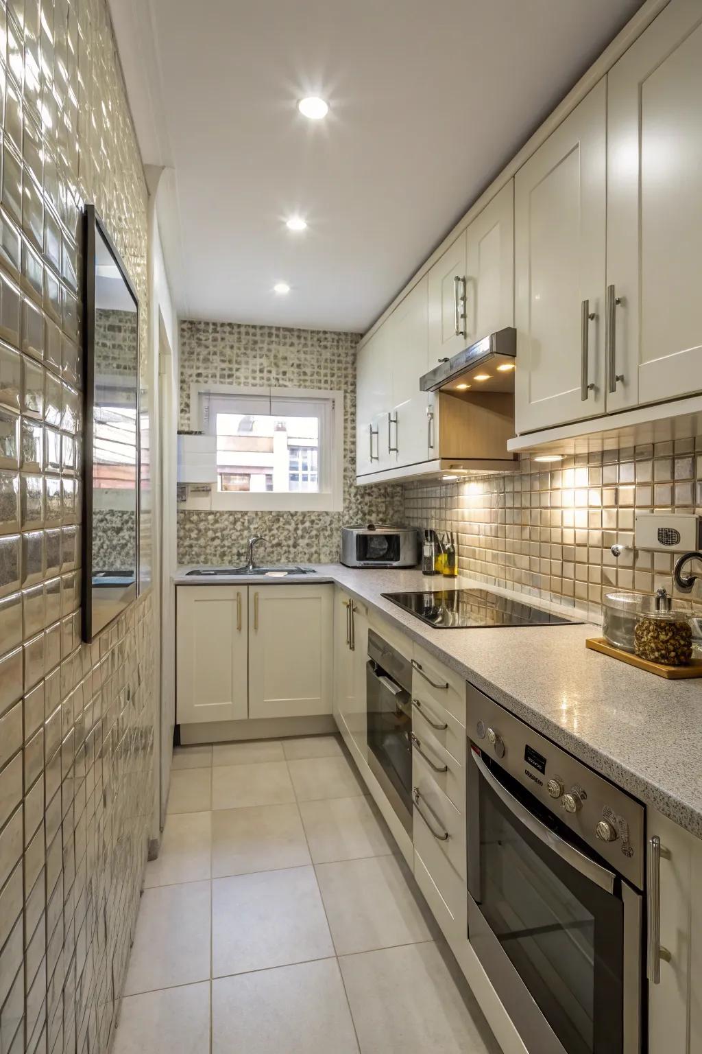 Reflective surfaces enhance the spaciousness of small kitchens.