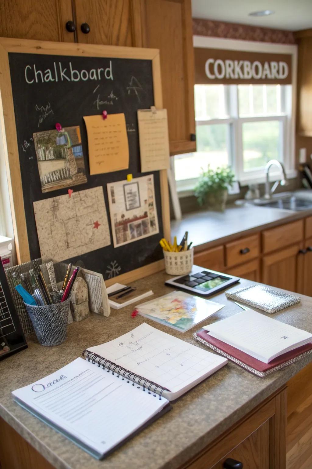 A kitchen desk area featuring a note board for memos and personalization.