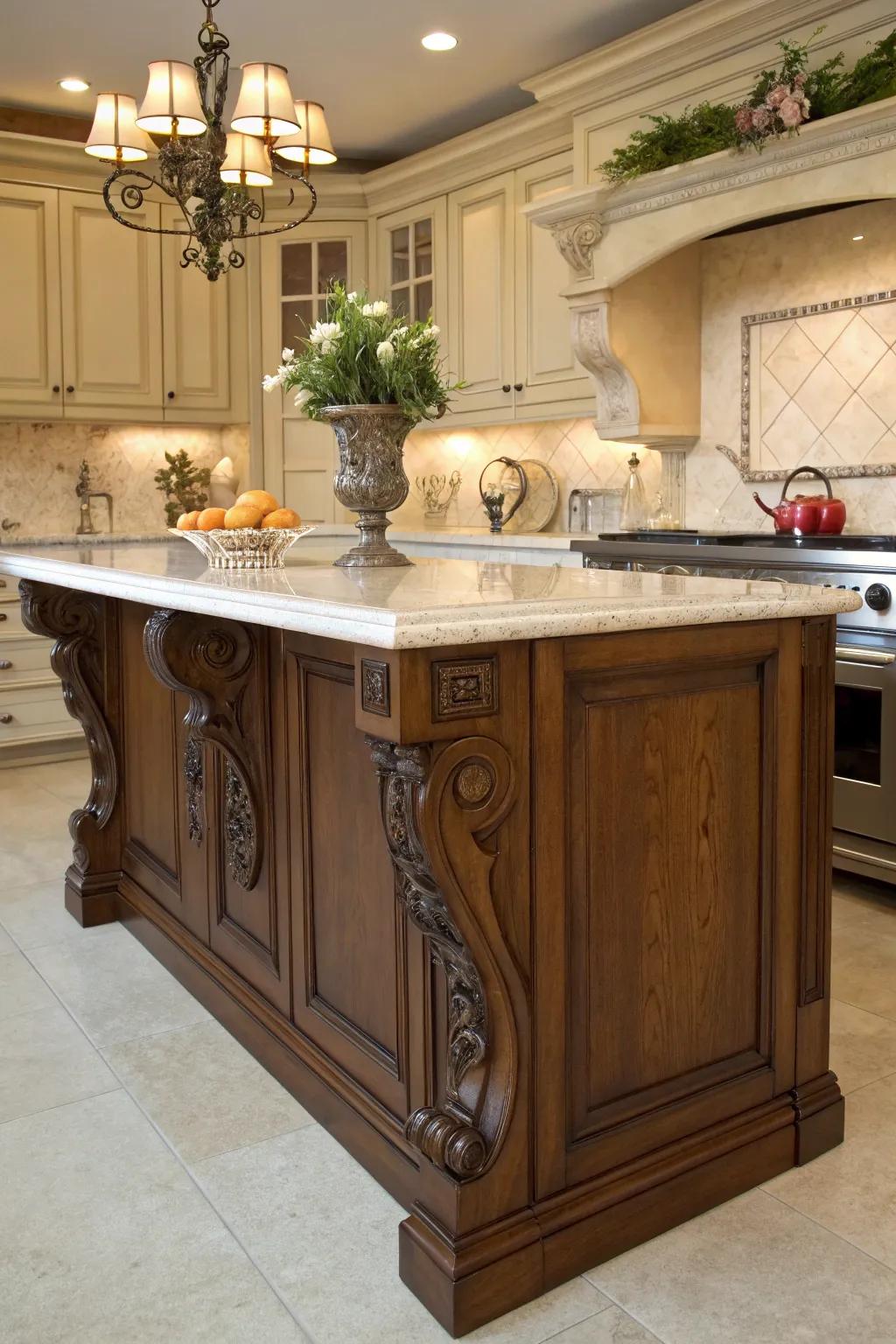 An island presenting traditional consoles for a sophisticated architectural element.