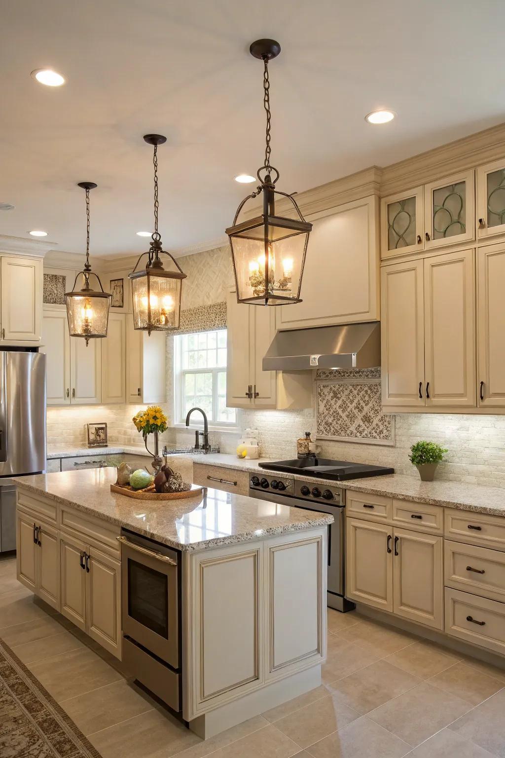 Coordinated luminaire designs accentuate the harmonious color palette of this culinary space.