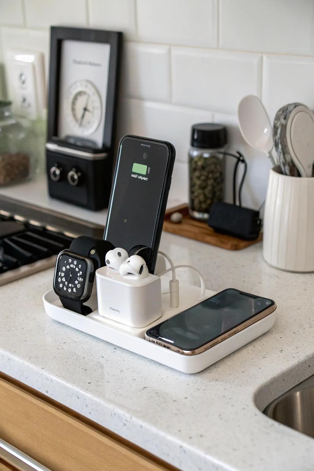A countertop integrated with technology to keep devices accessible.