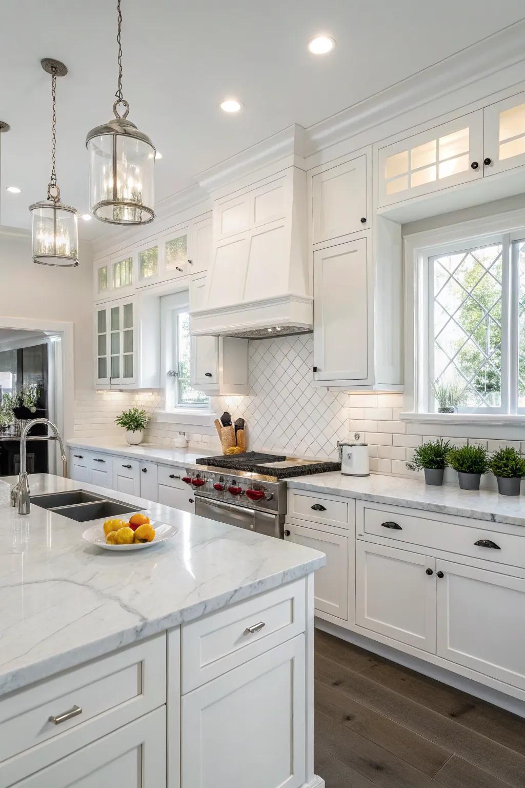 Sharp white walls design a seamless and bright kitchen space.