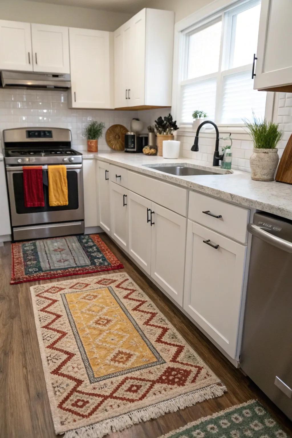 Judiciously positioned rugs elevate comfort and practicality within the kitchen.