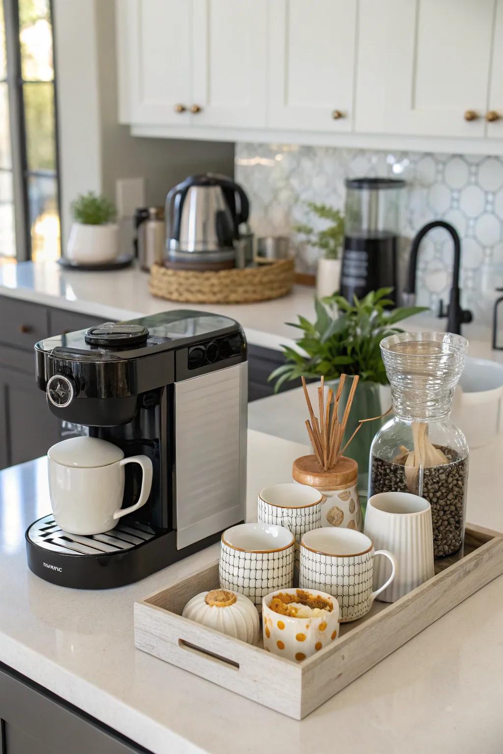 A caffeinated hub infuses elegance and utility into your cooking space.