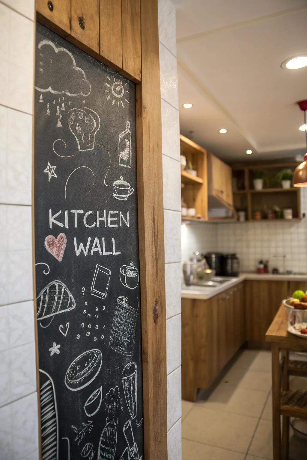 A kitchen with a writable board surface, providing a creative and personal touch.