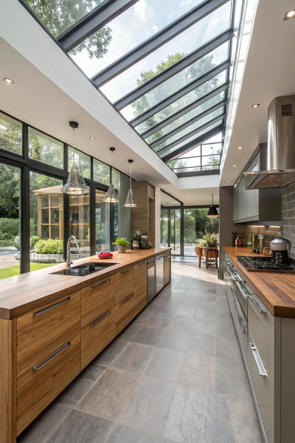 A harmonious convergence of materials is further enhanced by the natural illumination derived from skylights.