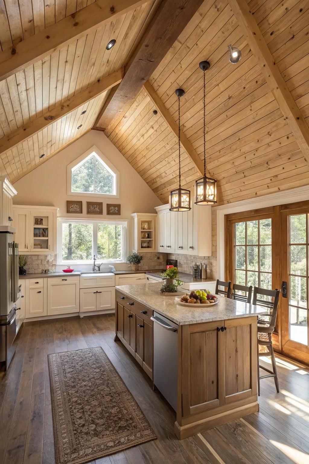 Textured wood ceilings contribute depth to this cozy and inviting kitchen.