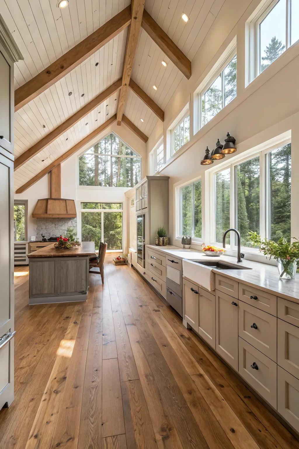 Timber accents bring warmth to this kitchen with a high ceiling.
