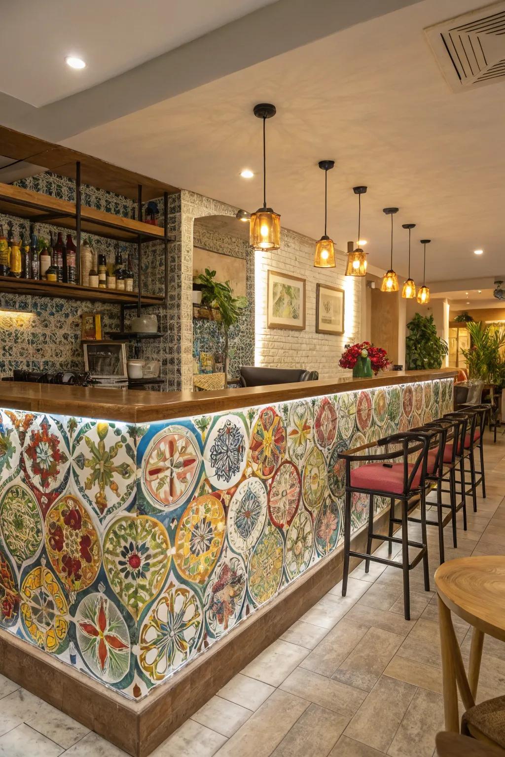 Multicolored tiles introduce a vibrant element to this bar.