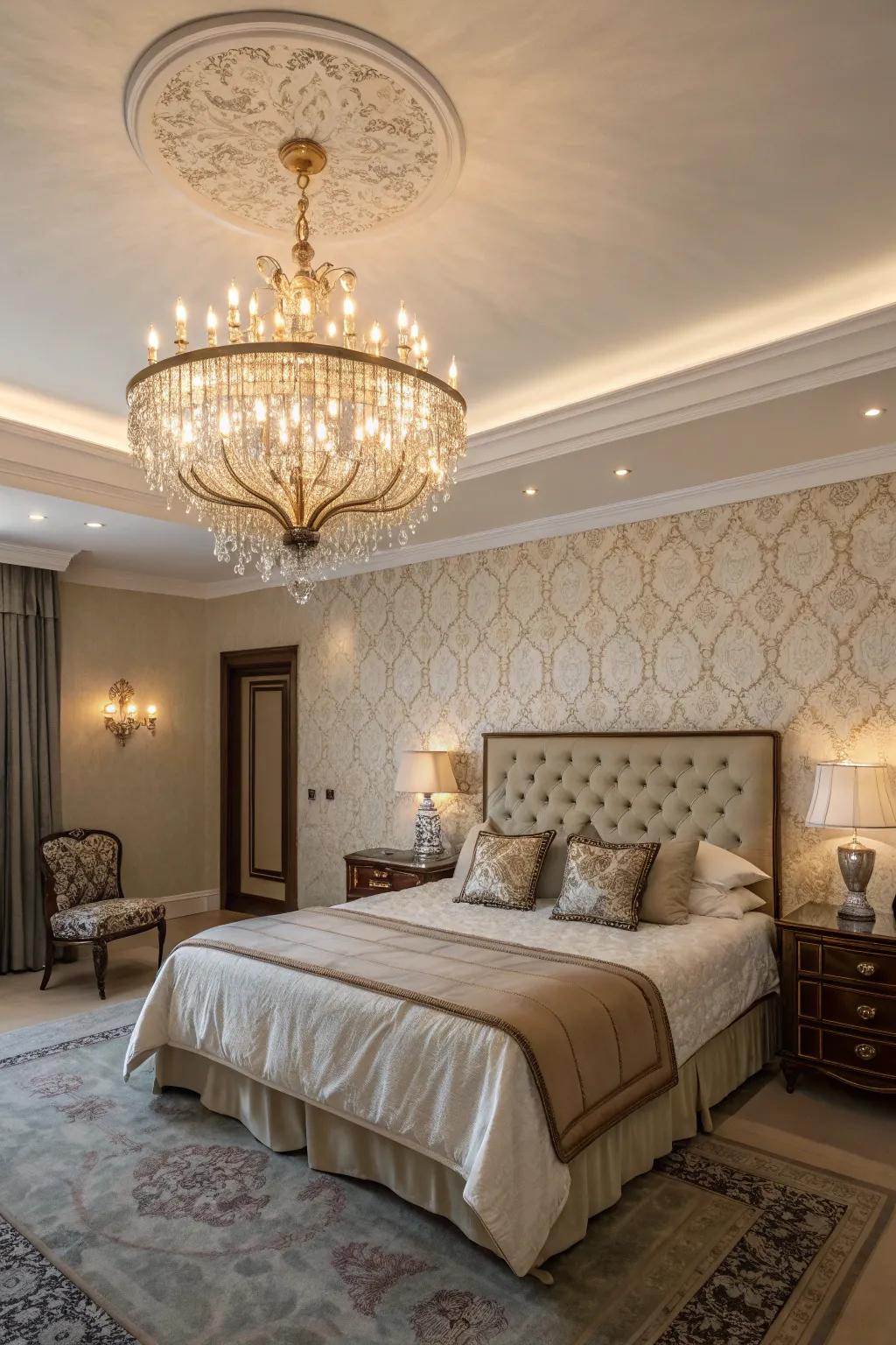 Classy lighting enhances the bedroom's vibe and refinement.