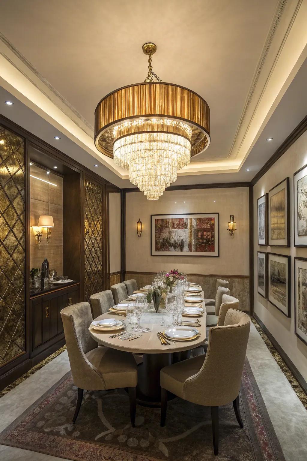 A prominent light fixture adds elegance to the dining area.