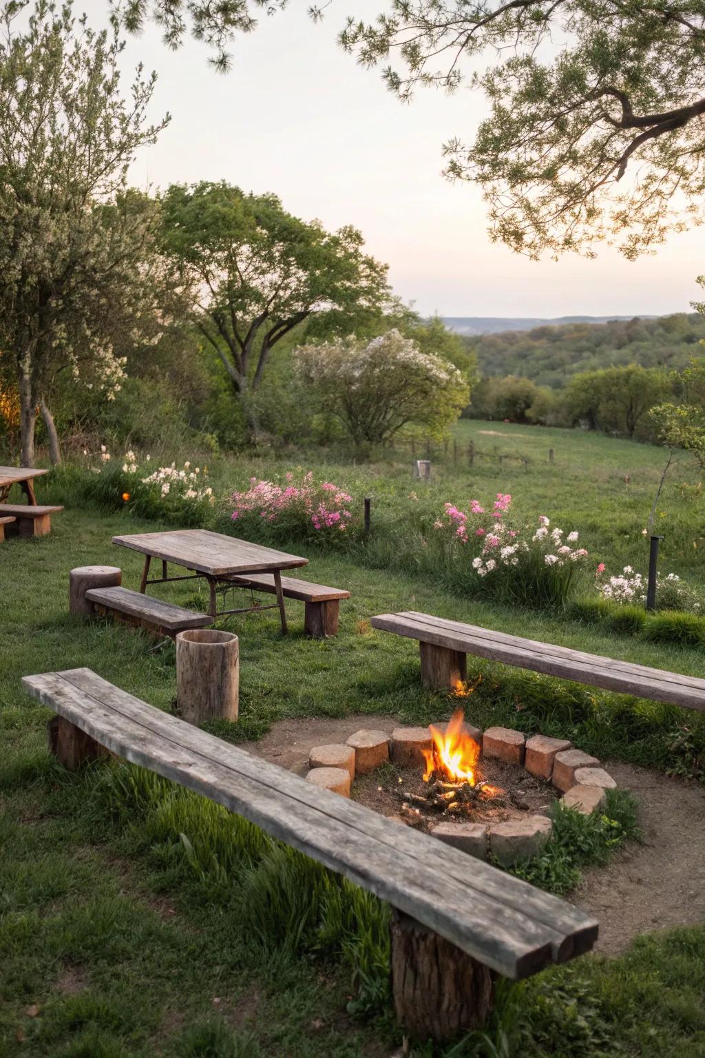 Timber benches provide a rustic seating arrangement for outdoor social gatherings.