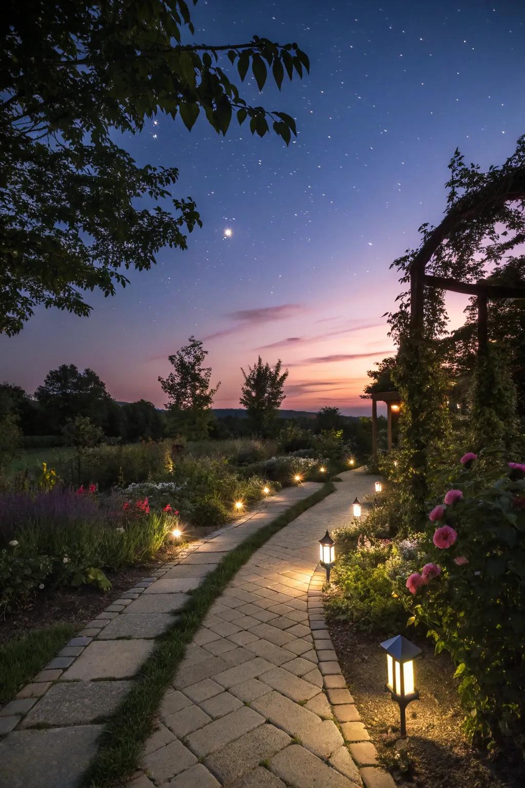 A garden route softly illuminated by eco-friendly solar lights.