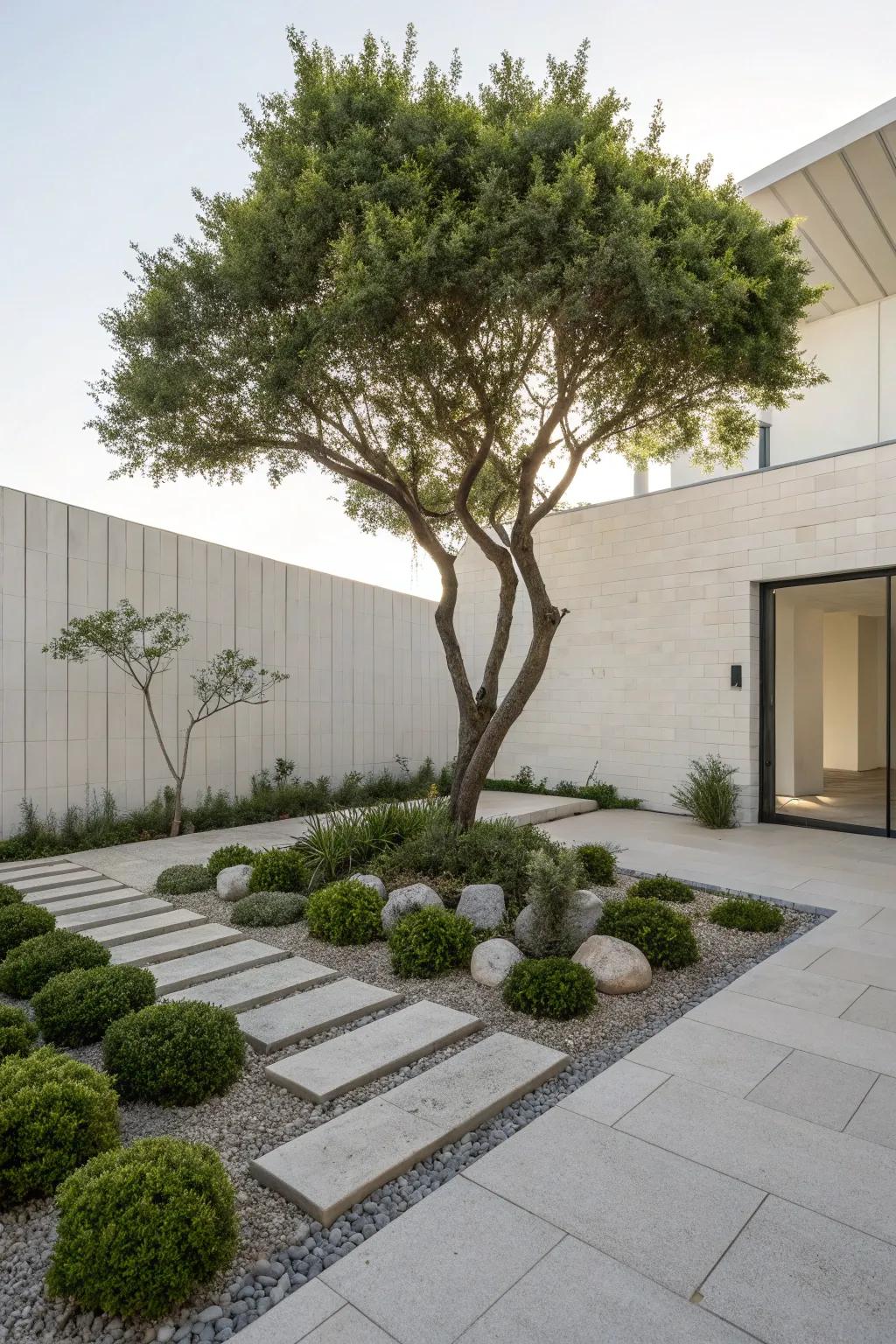 A tree showcased with minimalist landscaping, providing a modern and streamlined aesthetic.