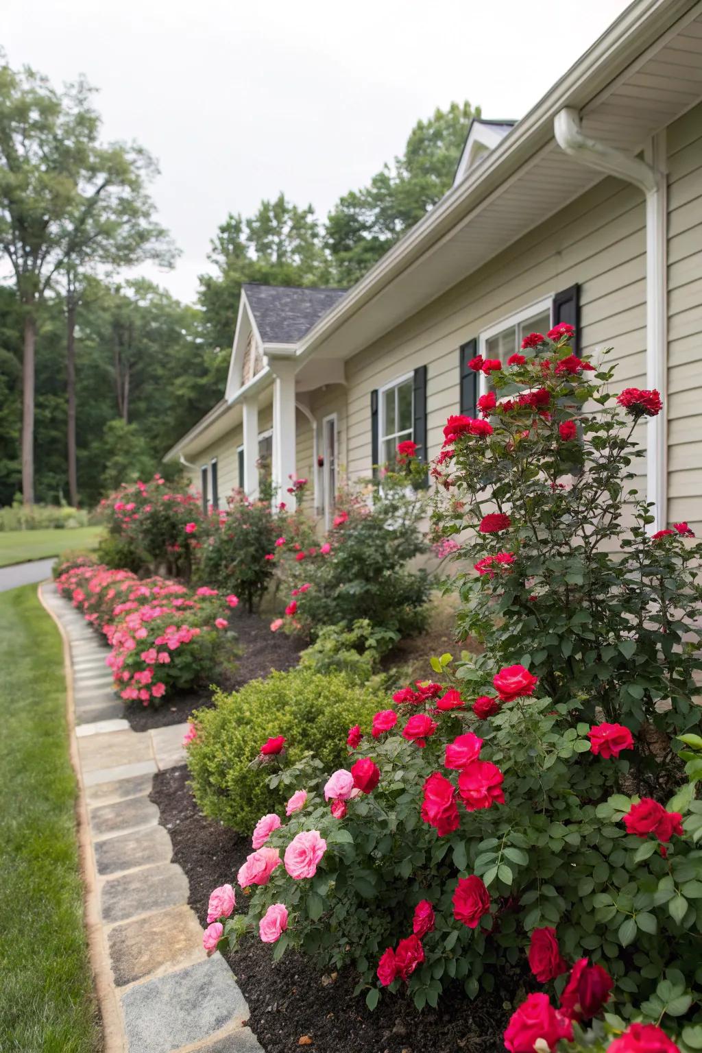 Everbloom roses as foundation plantings for a floral backdrop.