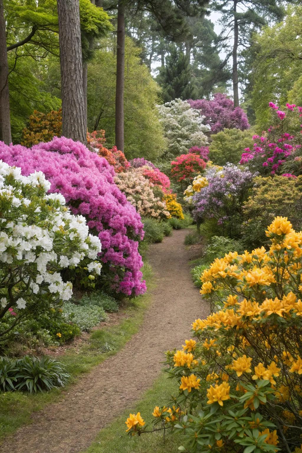A landscape of rhododendrons augmented by periodic blossoms.