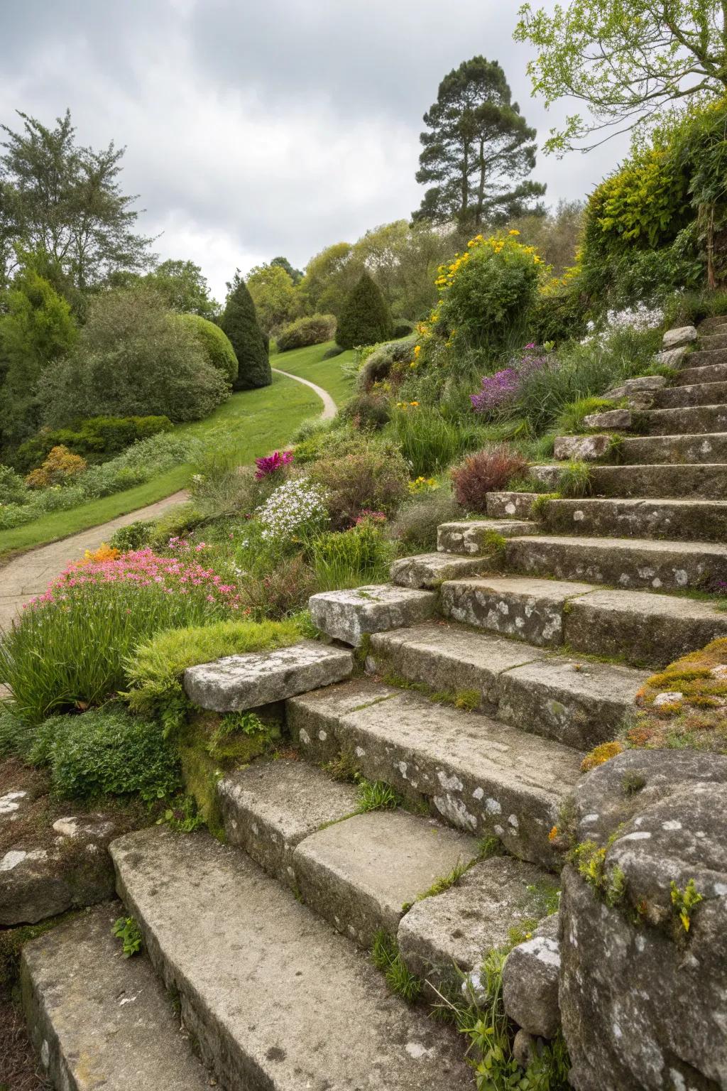 Stone steps blend seamlessly into sloped gardens.