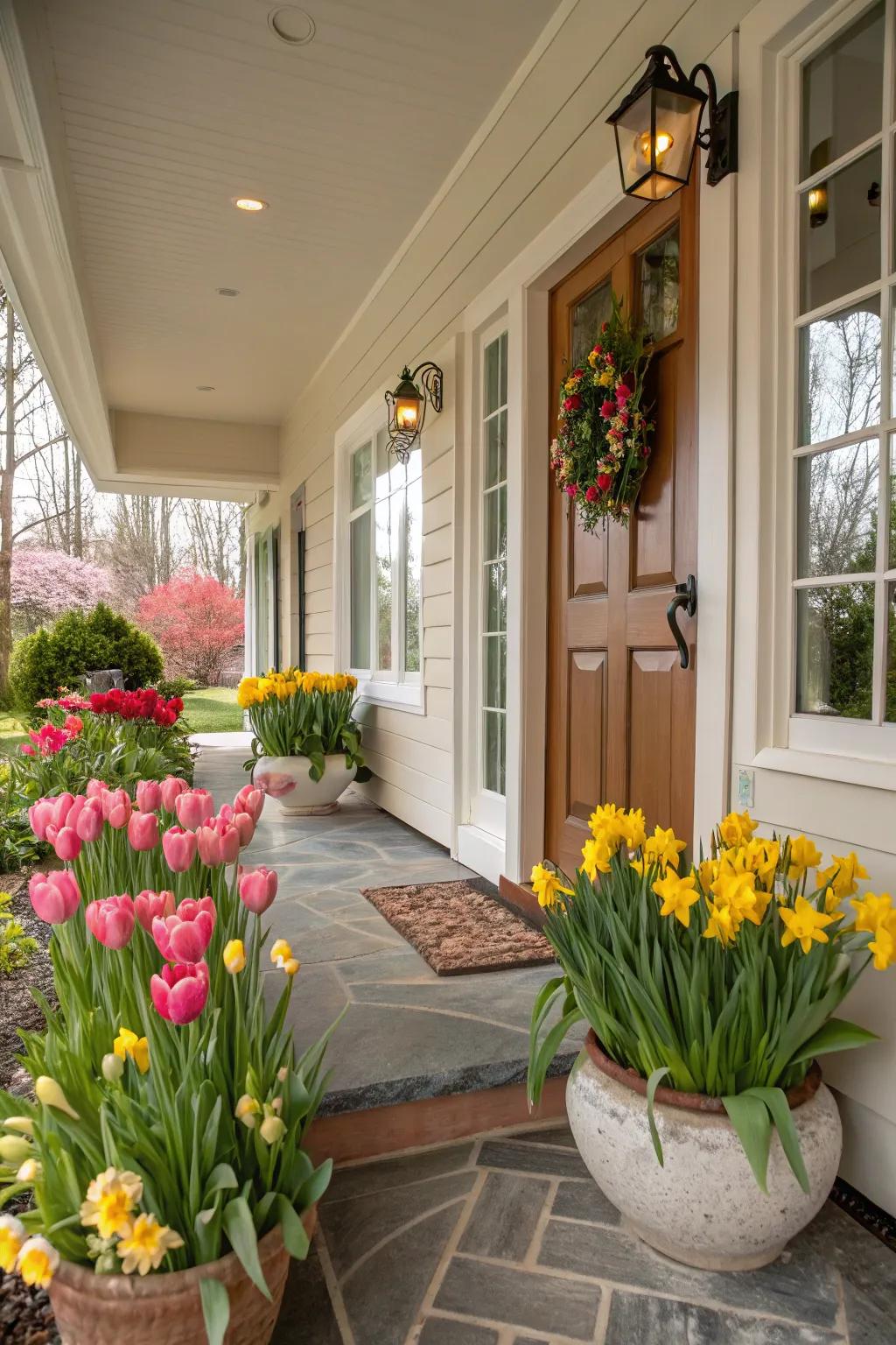 An inviting home vestibule embellished with vibrant tulips and daffodils.