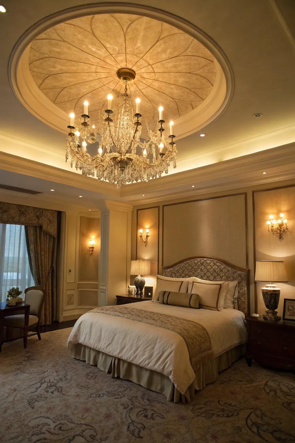 Layered illumination enriches the dimension and subtlety of this extensive bedroom.