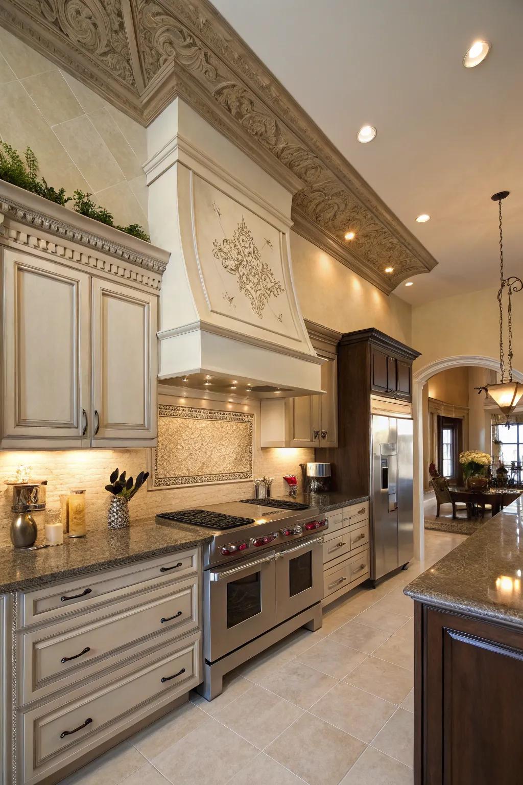 A kitchen featuring expansive crown molding, thereby imparting elegance to its functional design.