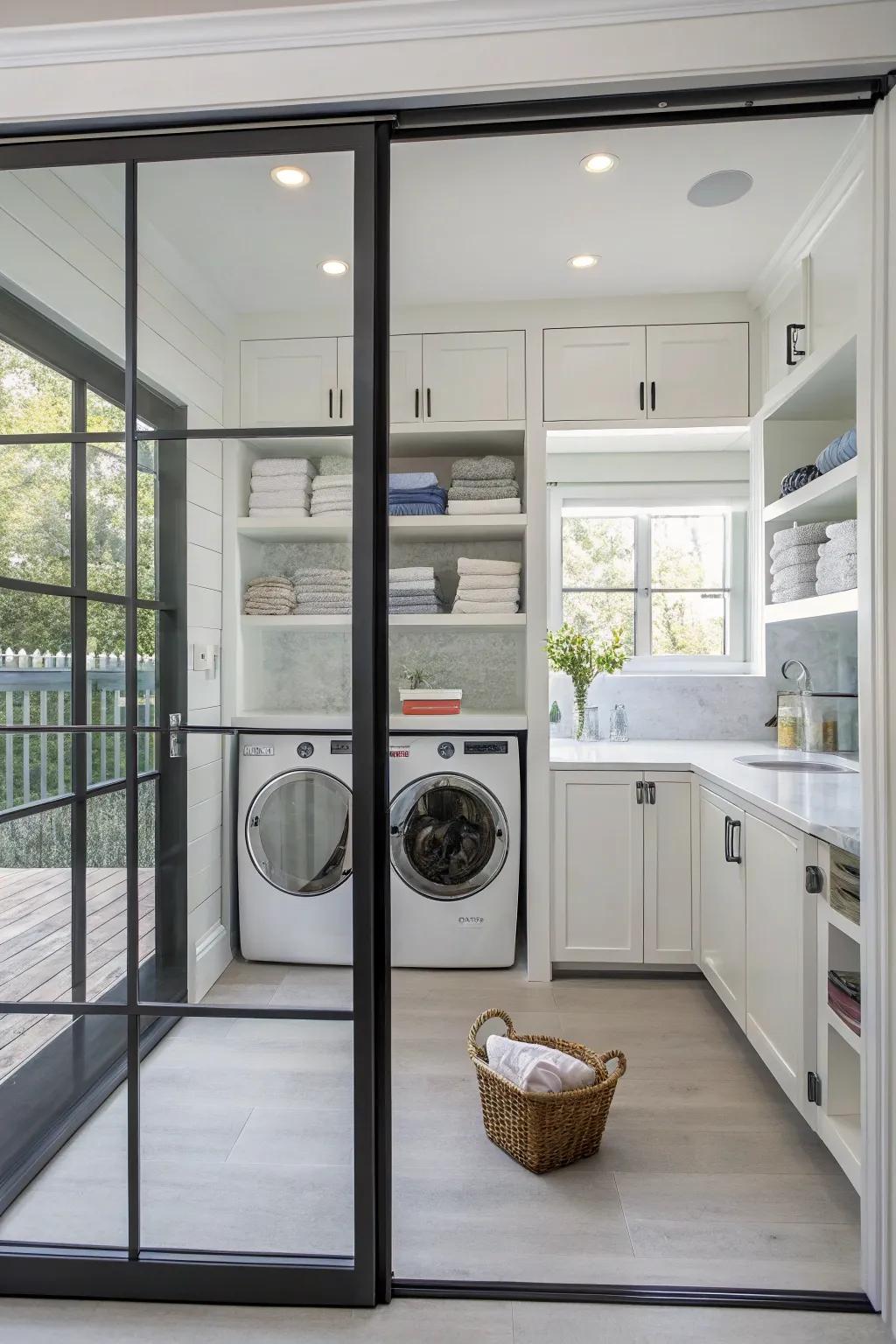 Glass panel doors develop a modern and bright laundry setting.