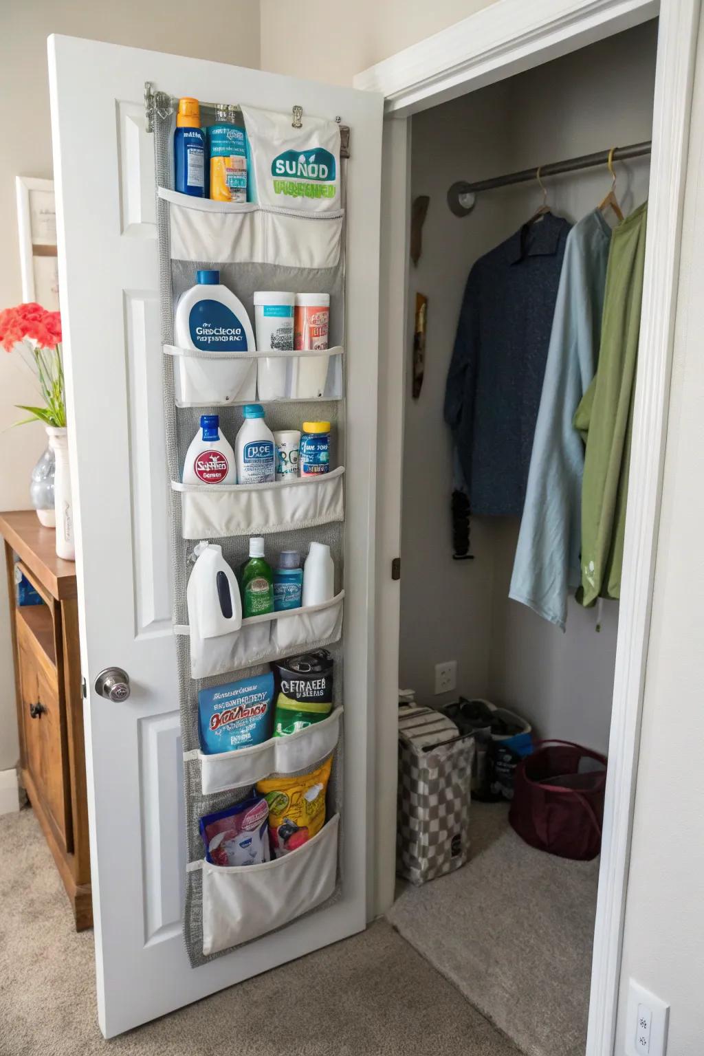 An intelligent over-the-door organizer makes storage space-saving.