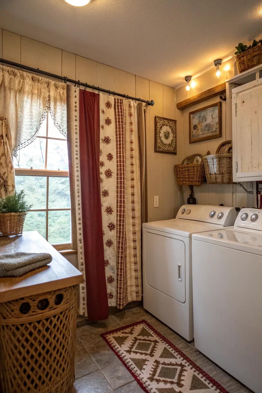 Rustic farmhouse drapes add a touch of warmth and nostalgia.