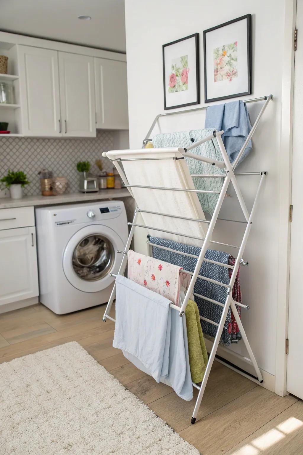 An expanding-style drying system, optimal for compact laundry spaces.