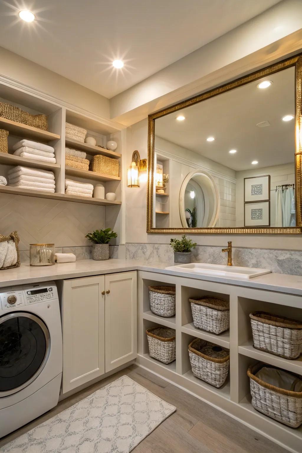 Coordinating decor elements enhance the lighting in your laundry room.