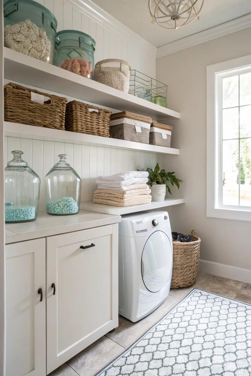 Elegant storage options with floating shelves.
