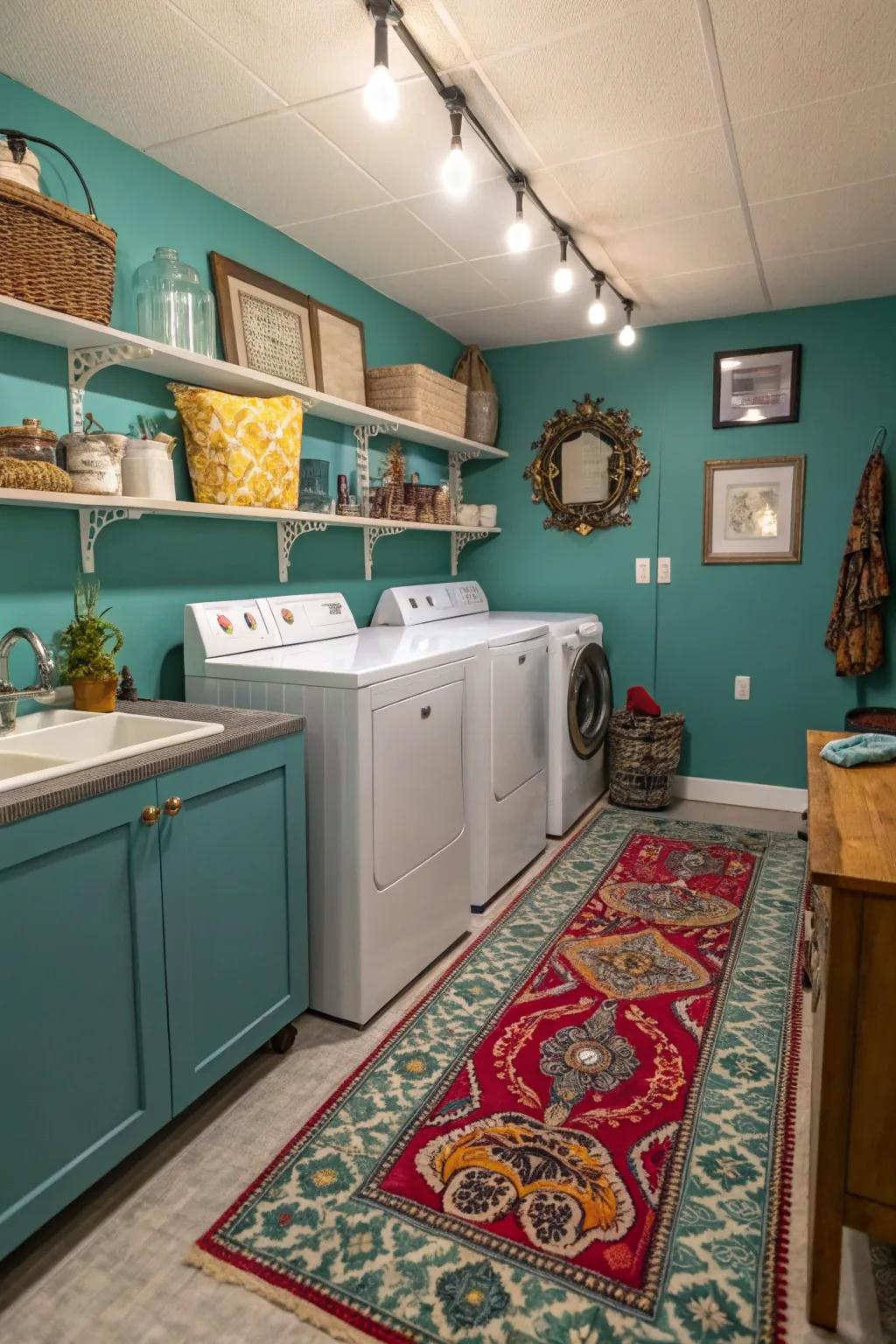Blue-green imparts boldness and magnitude to your laundry space.