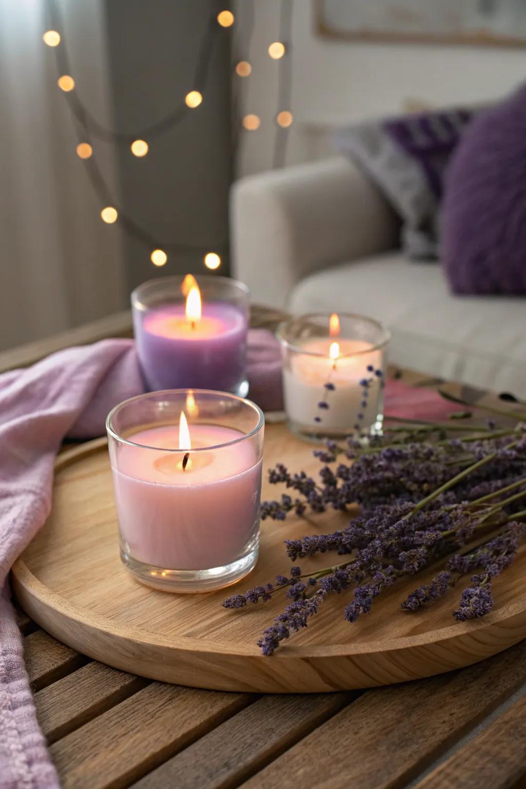 Peaceful ambiance enhanced by lavender-scented illumination.