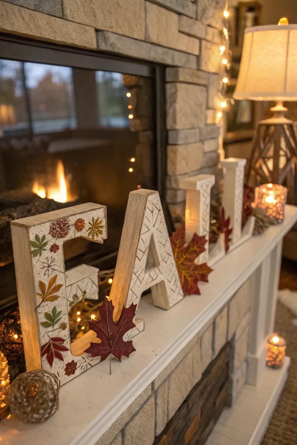Seasonal letters adding festive charm to a mantel.