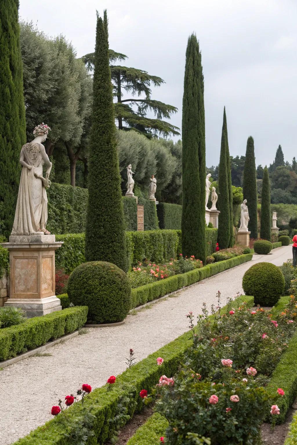 Construct a refined garden featuring Leyland cypress and structured components.