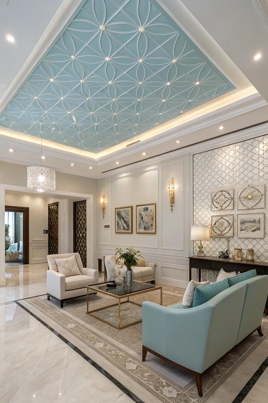 A lavish living space featuring a sky-blue overhead plane and contemporary design.