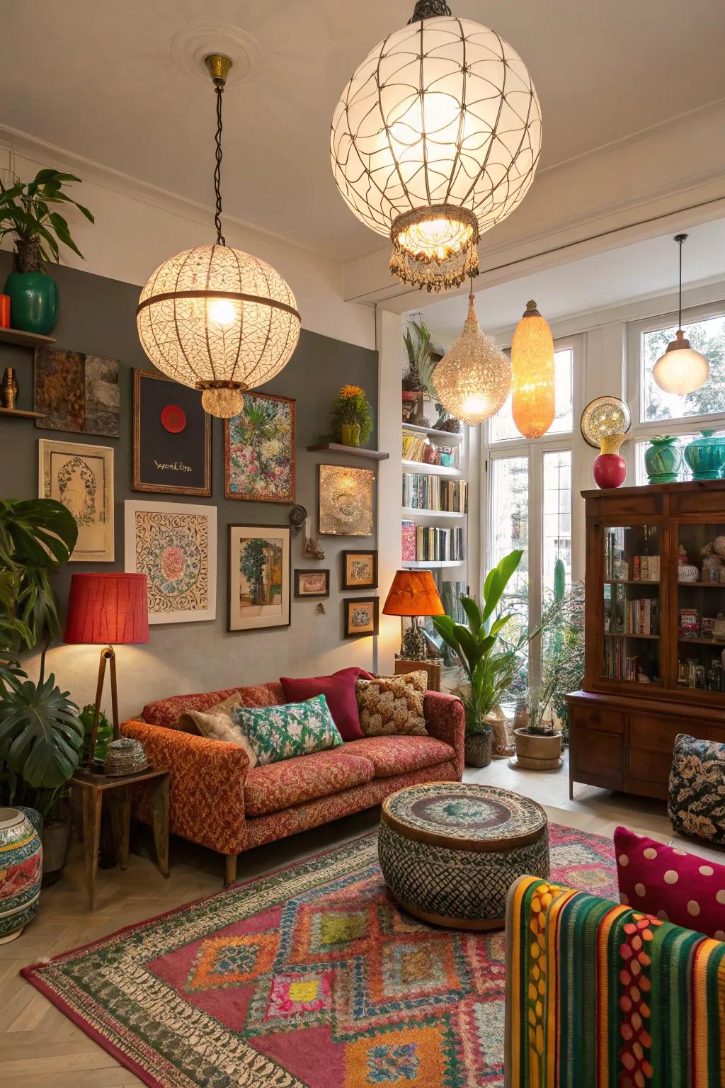 A distinctive style is created by a varied combination of light fixtures.