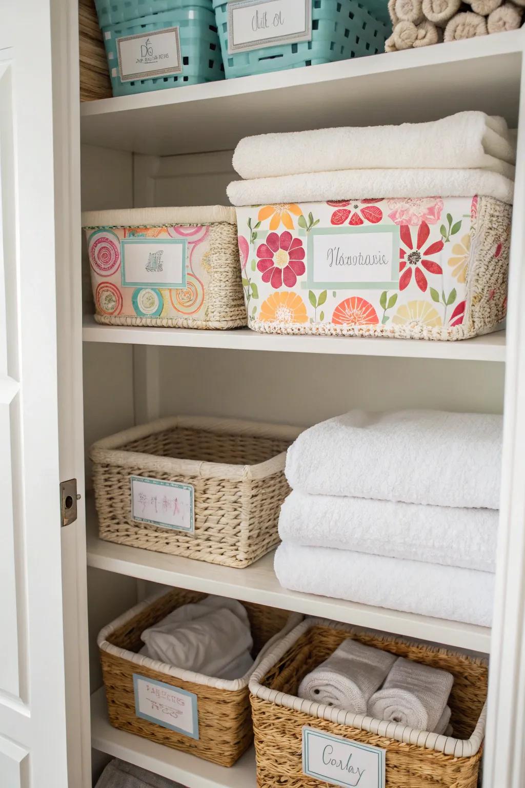 Decorative labels aid in maintaining organization within a linen closet.