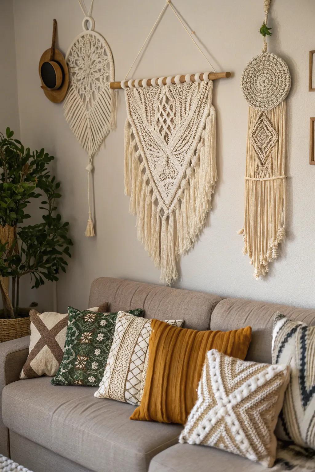 Textured wall artistry enhances the bohemian farmhouse vibe.