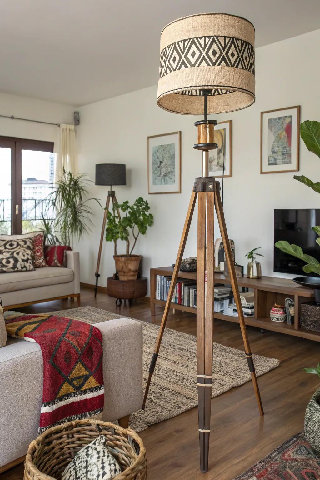 An eclectic family room featuring a floor lamp crafted from mixed materials.