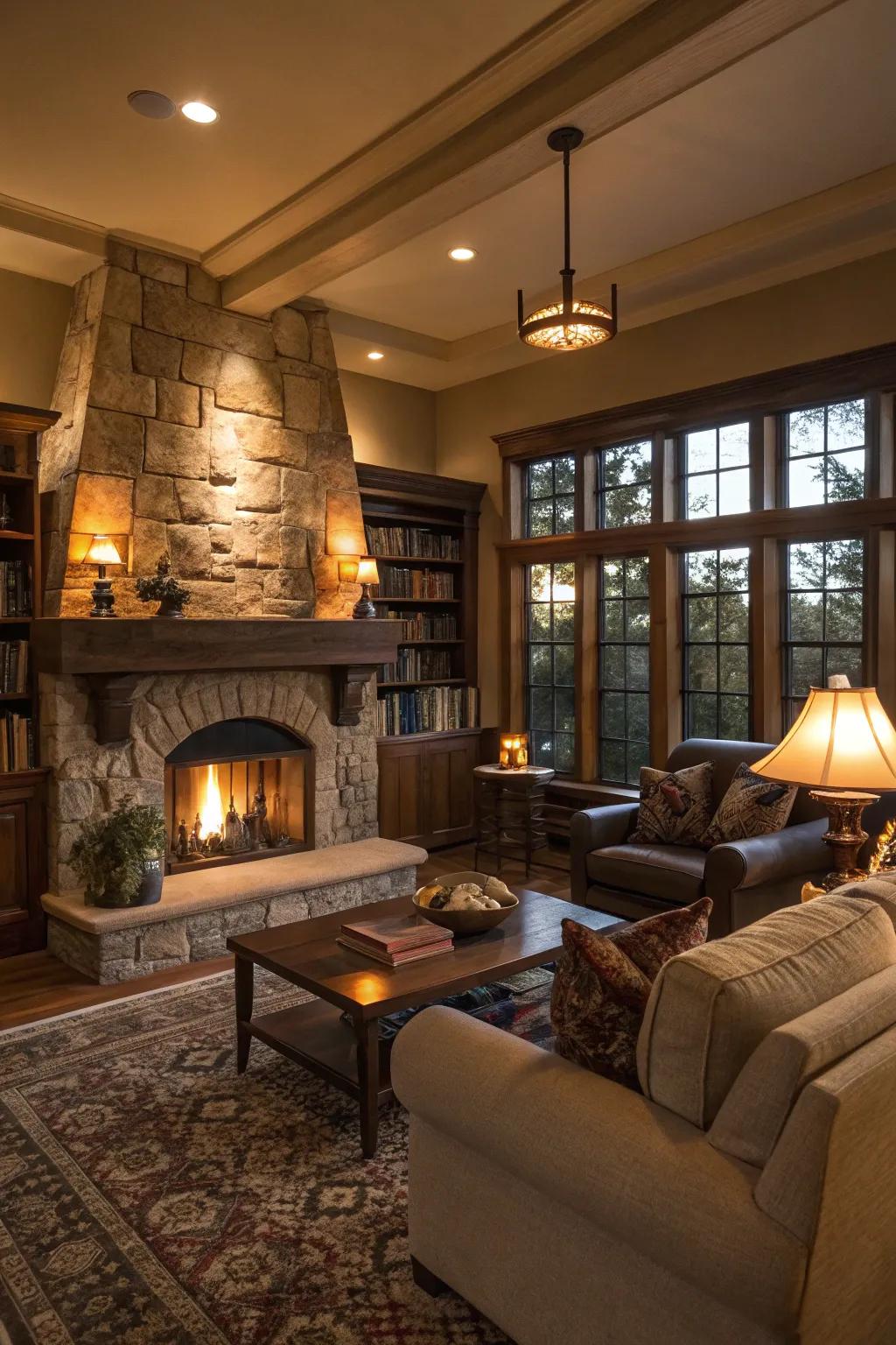 A cozy and welcoming family room centered around a beautiful fireside.