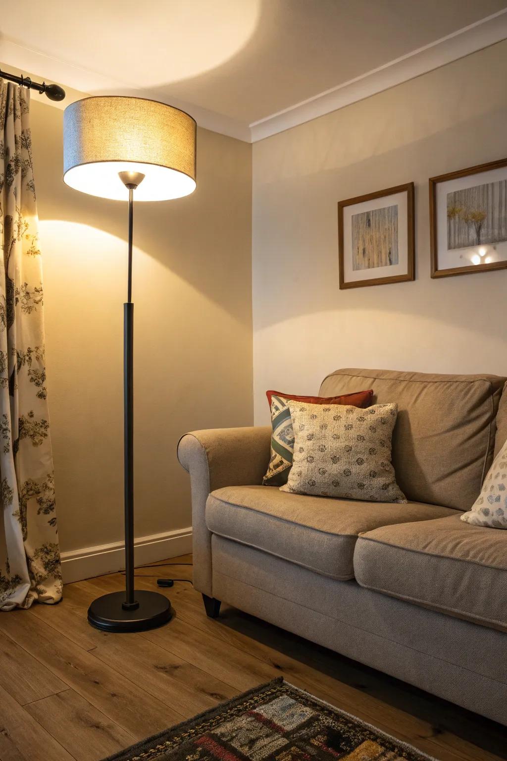 Slender standing lamps offer light without cluttering the floor area.