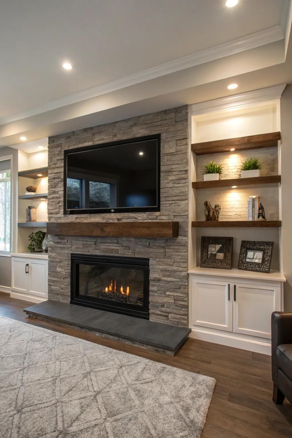 A modern living room featuring a neatly mounted television over a stylish, contemporary fireplace.