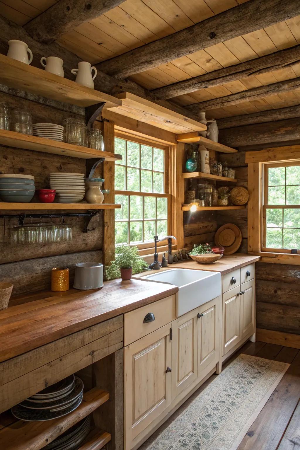Viewable racking exhibiting rustic dishware in a log cabin kitchen.