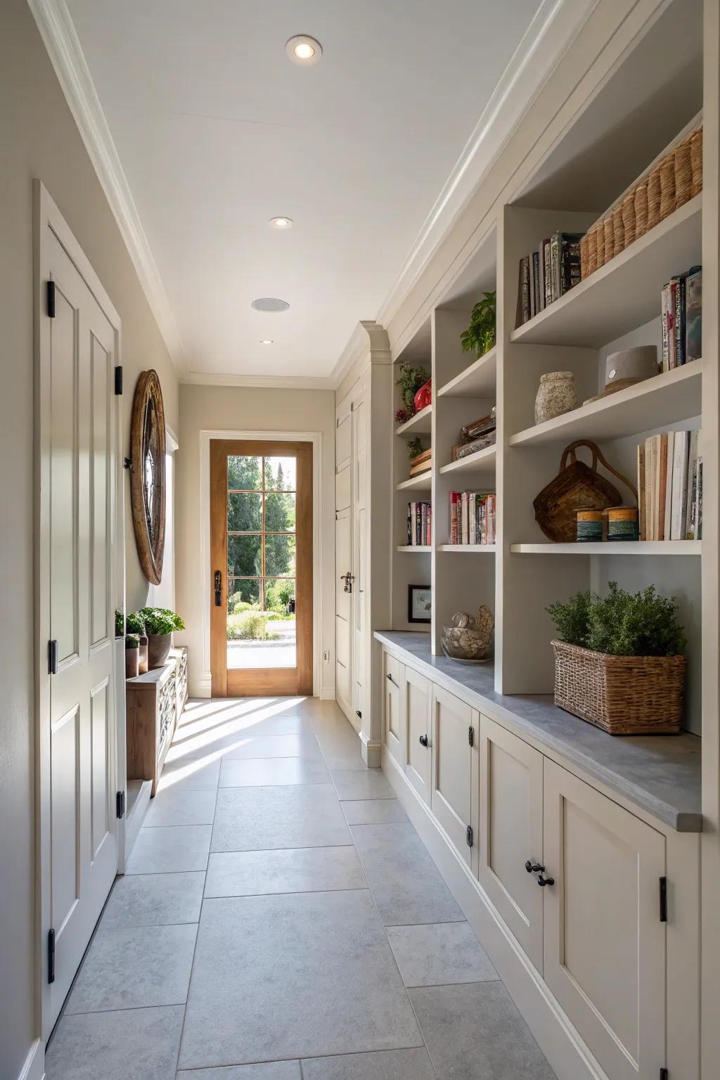 Built-in storage ensures this entryway remains practical and free from clutter.