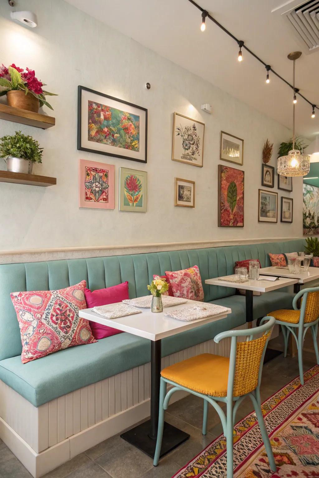 Chromatic accents energize a neutral palette.