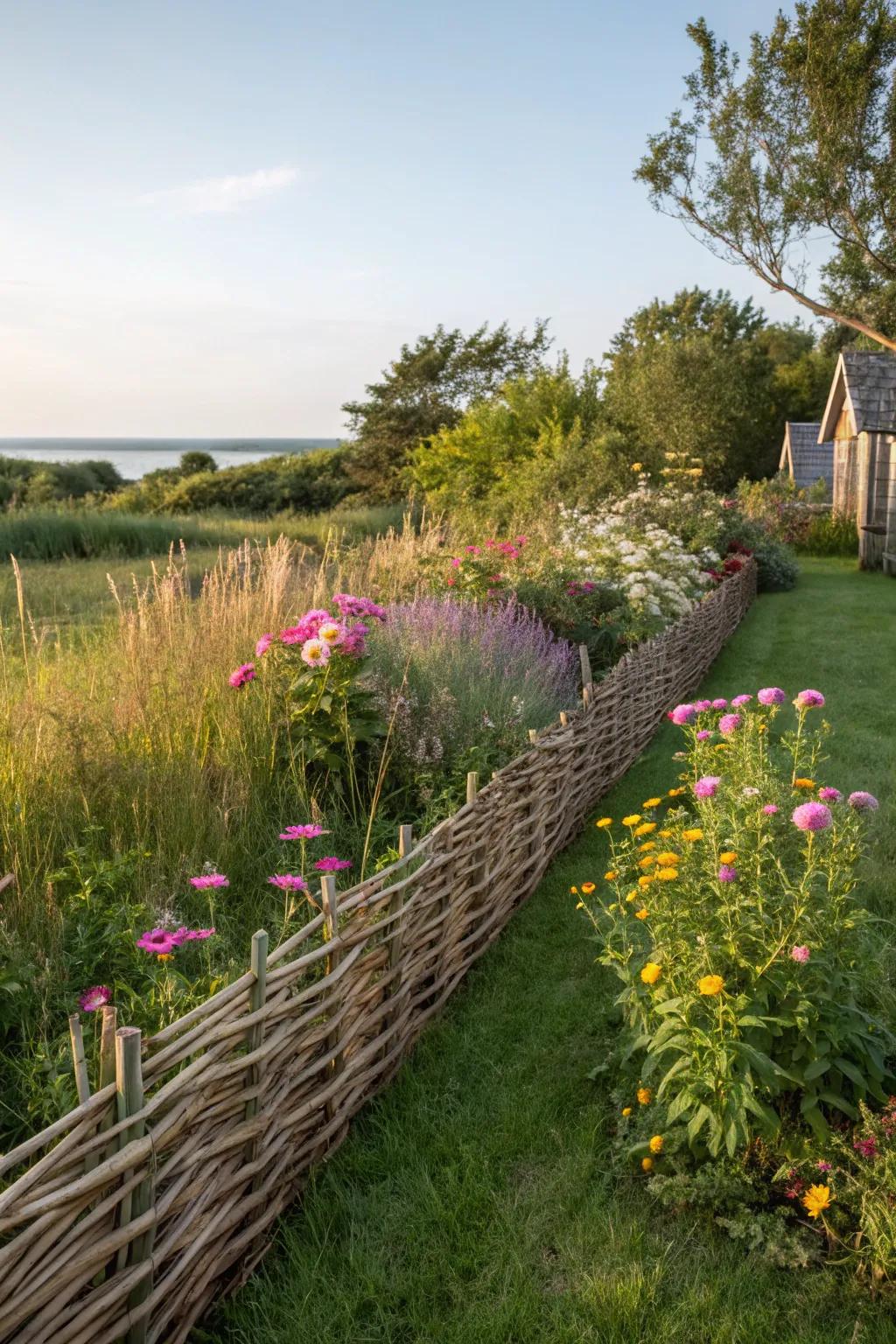 A plaited osier fence conveys a handcrafted nuance to this front yard.