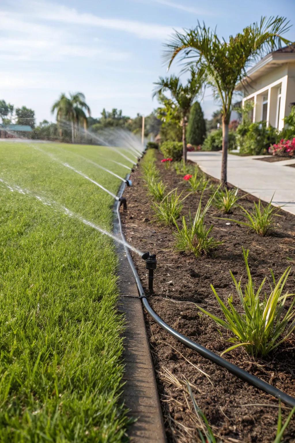 Efficient irrigation maintaining a verdant and hydrated landscape.