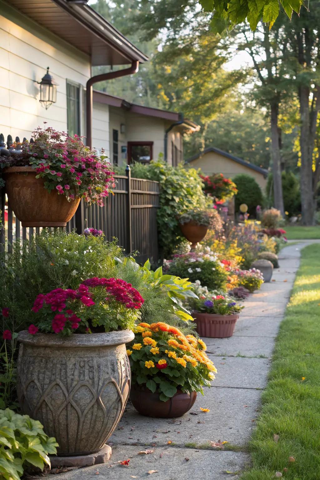 A front yard adorned with ornamental pots and vibrant plants.